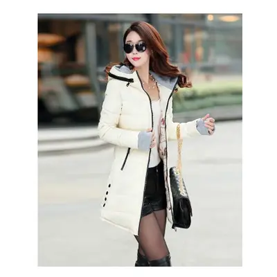 (Beige, L) Autumn Winter Clothes Women Down Cotton Fashion Ladies Hooded Coat Female Mediulong T