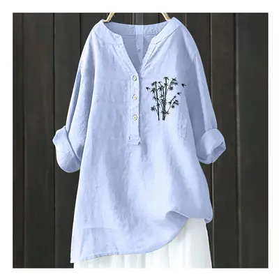 (HCY40, XXL) Women's Autumn Winter New Fashion Printed Button Up Shirt Long Sleeved Bamboo Linen