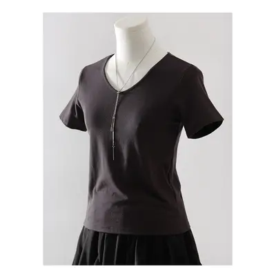 (Smoke Gray, M) Slim V Neck T Shirts For Women Short Sleeves Black Slim Tops Summer Thick Modal 