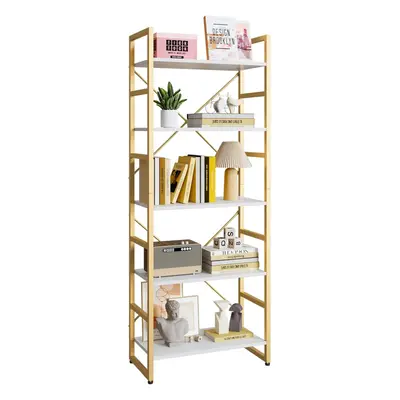 (Gold) Tier Bookshelf, Standing Bookcase with X-shape Frame,Adjustable Leg pads, Industrial Stor