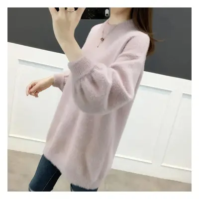 (pink, XXL) Big Size Tops Women Autumn And Winter Thickened Warm Loose Sweater Pullover Solid Co