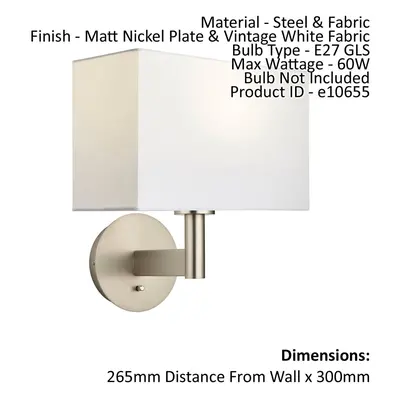 Wall Light Matt Nickel Plate & Vintage White Fabric 60W E27 GLS e10655