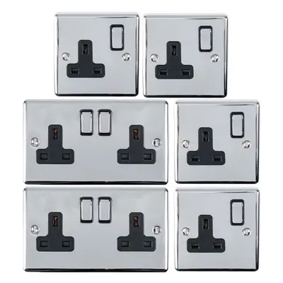 UK Plug Socket Pack -2x Twin & 4x Single Gang- CHROME / Black 13A Switched