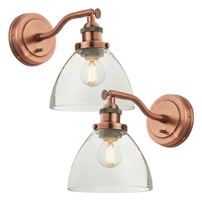 2 PACK Dimmable LED Wall Light Aged Copper & Glass Shade Adjustable Lamp Fitting