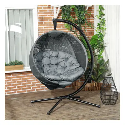 Outsunny Hanging Swing Chair w/ Metal Stand & Side Pocket, Charcoal Grey