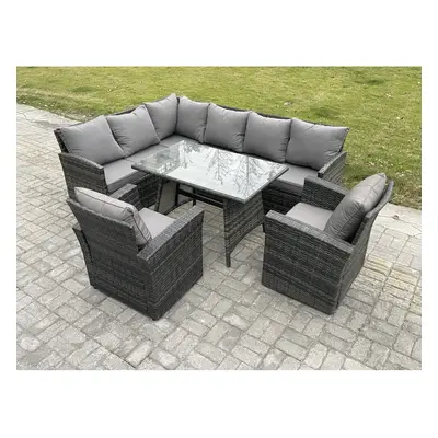 Fimous Wicker Rattan Garden Furniture Corner Sofa Set with Oblong Dining Table Armchairs Seater 