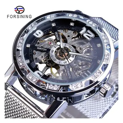 (silver) Forsining Golden Skeleton Mechanical Watch Stainless Steel Mesh Band Luminous Hand Men 