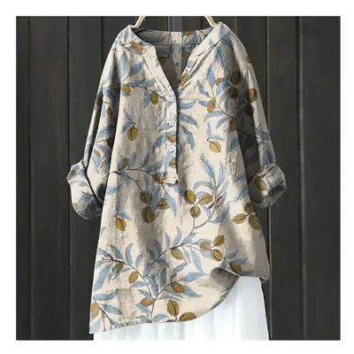 (HCY15, S) Women's Autumn Winter New Fashion Printed Button Up Shirt Long Sleeved Bamboo Linen C