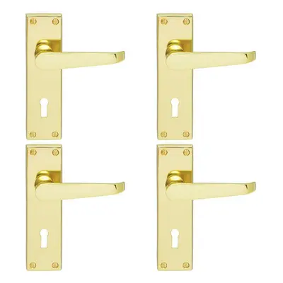 4x PAIR Victorian Flat Lever on Lock Backplate Handle x 42mm Polished Brass