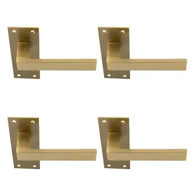 4x PAIR Straight Square Handle on Slim Lock Backplate x 50mm Satin Brass