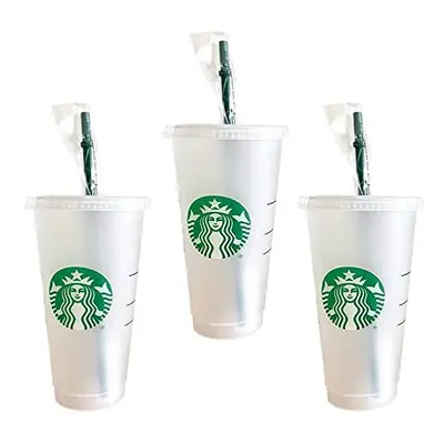 Reusable Hard Plastic Venti oz Frosted Ice Cold Drink Cup with Lid and Green Straw wStopper