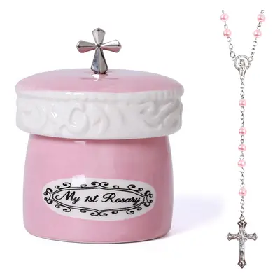 My First Rosary Cross for Girl Keepsake Box and Rosary Gifting Set, Pink