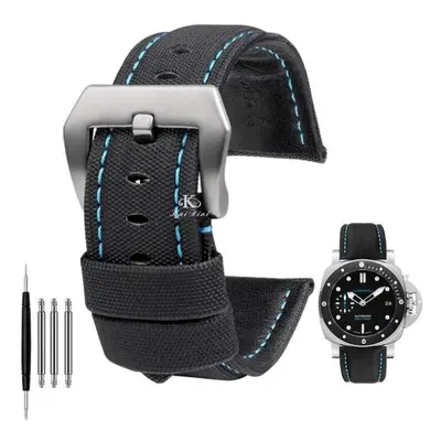 (Black blue silver 24mm) 22mm 24mm 26mm Nylon Texture Leather Watchband For Panerai Pam01661 Mar