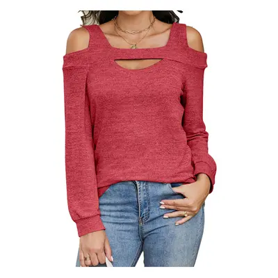 (M, red) New Off-shoulder Hollow Round Neck Solid Color Long-sleeved Loose Top T-shirt for Women