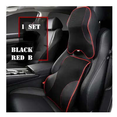 (black red B 1set) Leather Mesh Car Neck Pillow Set Memory Foam Auto Headrest Waist Support