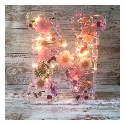 (N) Personalized Floral Resin Night Light with Embedded Flowers