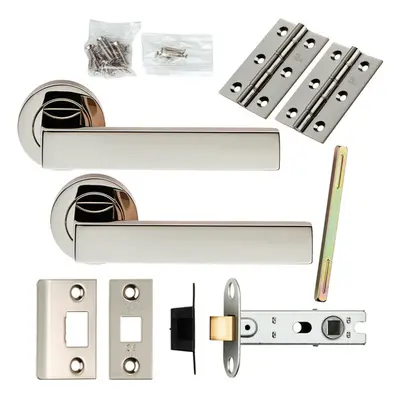 Door Handle & Latch Pack Polished Nickel Square Lever Screwless Round Rose