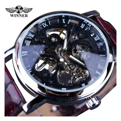 (black) Winner Transparent Golden Case Luxury Casual Design Brown Leather Strap Mens Watches Top