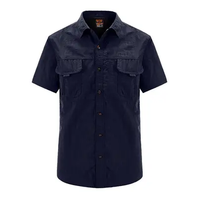 (Deep Navy, Asian-XXL) Men Summer Outdoor Cargo Short Sleeve Shirt US SWAT Tactical Lightweight 