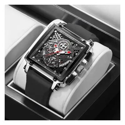 (Silver Black) Hollow Square Mens Watches Chronograph LIGE Brand Luxury Automatic Date Men Watch