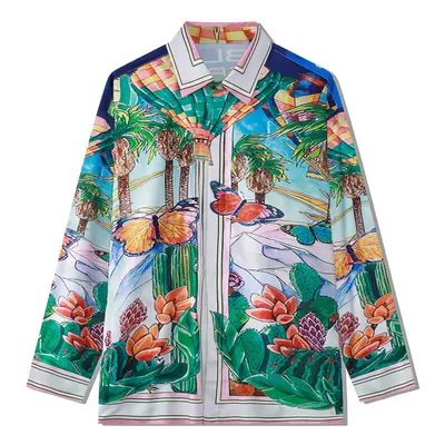 (CSWC20-CXU36, L) Vintage Beach Rainforest Print Button Down Shirt Autumn Casual Long Sleeve Men