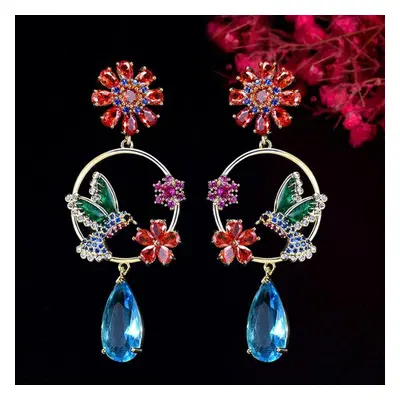 (multicolor) Wwj Flower Bird Fashion Colorful Cubic Zirconia Long Dangle Earrings For Women