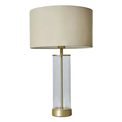 Contemporary Matt Gold & Clear Tube Table Lamp with a Beige Cylinder Shade