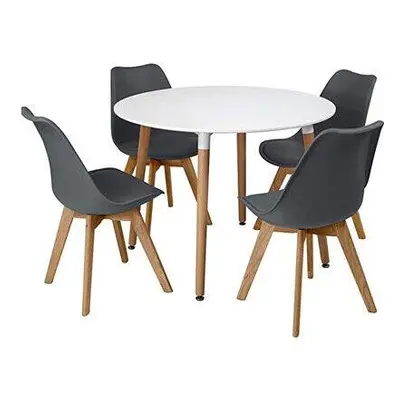 Dining Table and Chairs White Round Wood Table Grey Plastic Leather Chairs Dining Room Furniture