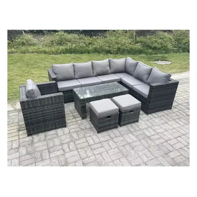 Fimous Seater Rattan Corner Sofa Lounge Sofa Set With Rectangular Coffee Table Stool Dark Grey M