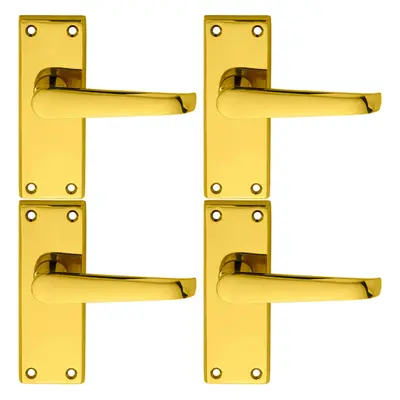 4x PAIR Straight Handle on Short Latch Backplate x 42mm Polished Brass