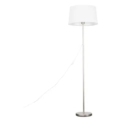 Modern Standard Floor Lamp in a Brushed Chrome Metal Finish with a White Faux Linen Tapered Shad