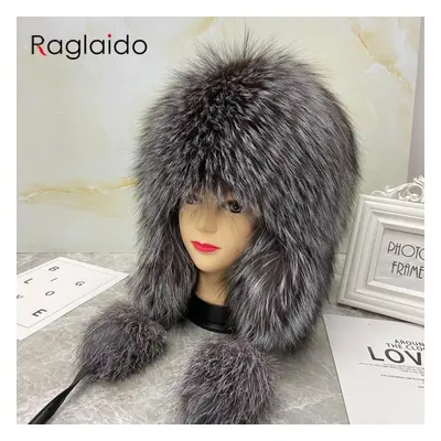 (grey, head size 55-59cm) New Fluffy Soviet Hat Real Fox Fur Hats For Woman Winter Octopus Bombe