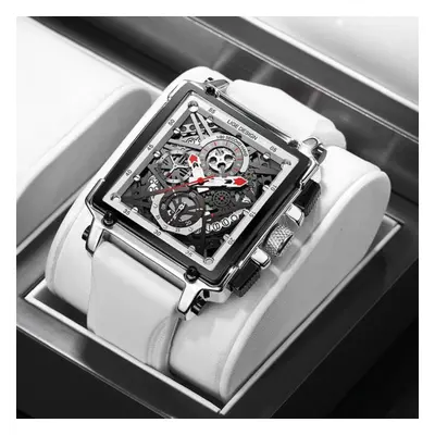 (Silver White) Hollow Square Mens Watches Chronograph LIGE Brand Luxury Automatic Date Men Watch