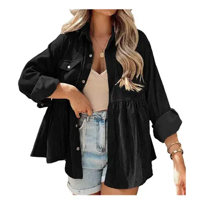 (XXL, black) New Women's Long Sleeved Corduroy Ruffle Edge Shirt Top Button Up Shirt for Women