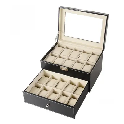 (black, frames) Watch Box 10/20/24 Slots Mens Case Glass Top Black And Gray Display Organizer Lo