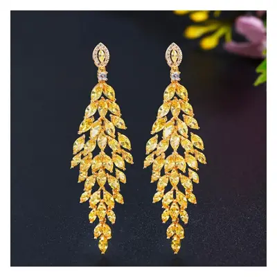 (yellow) Wwj Yellow Cubic Zirconia Long Leaf Pin Earrings Dangle Earrings