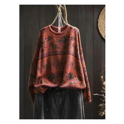 (One Size, red) Johnature Woman Autumn Niche Vintage O-neck Casual Loose Retro Sweater Chinese S