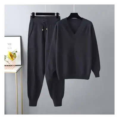 (black, OneSize) Autumn Winter V Neck Solid Color Long Sleeve Sweater Haren Pants Sets For Ladie