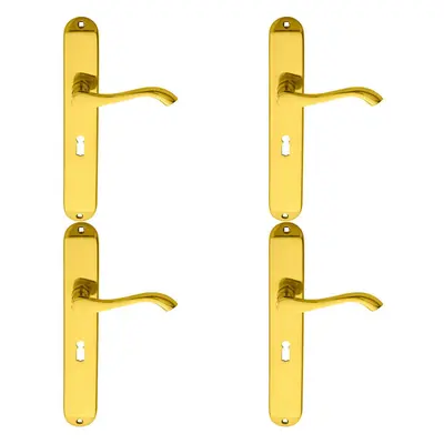 4x PAIR Curved Handle on Long Slim Lock Backplate x 40mm Polished Brass