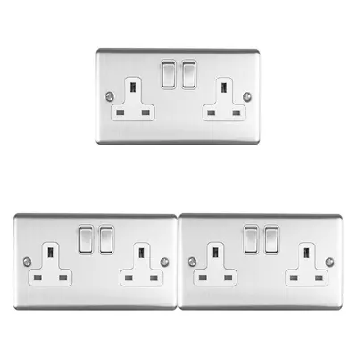 3 PACK Gang Double UK Plug Socket SATIN STEEL & White 13A Switched Outlet