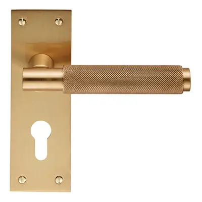 PAIR Knurled Round Handle on Slim Euro Lock Backplate x 50mm Satin Brass