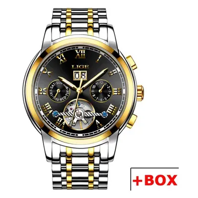 (Gold Black) LIGE New Mechanical Men Watches Top Brand Luxury Business Watch Tourbillon Automati