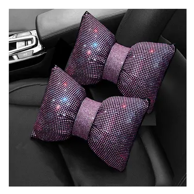 (2pc pink neck) 2pcs Red Diamond Crystal Bowknot Car Neck Pillow Rhinestone Auto Headrest