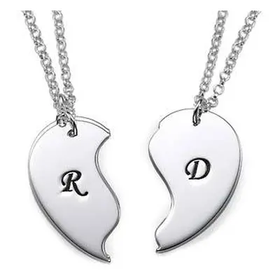 Two Become One Heart Necklace Set with Initial Engravings in Sterling Silver