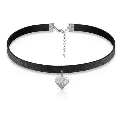 Black Choker Necklace with Heart Charm in Sterling Silver