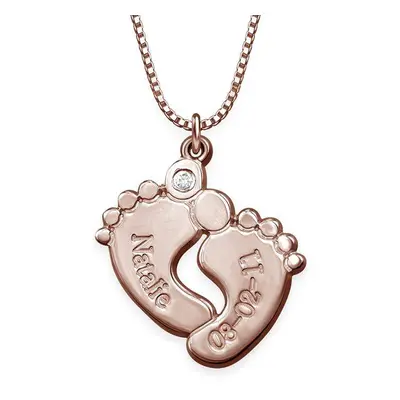 Engraved Baby Feet Necklace with Diamond in 18ct Rose Gold Plating