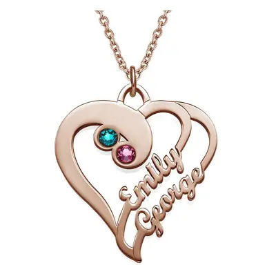 Two Hearts in One Necklace with Birthstones in 18ct Rose Gold Plating