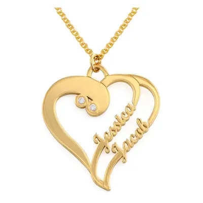 Two Hearts in One Necklace with Diamonds in 18ct Gold Plating