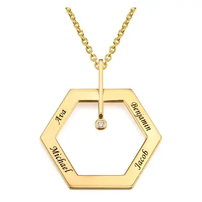 Personalised Engraved Hexagon Necklace in Gold Plating with Diamond