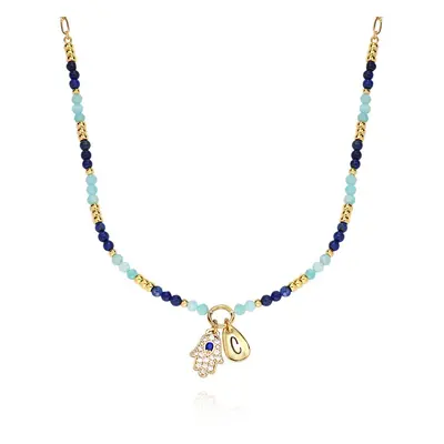 Coastal Hamsa Initial Necklace with Semi-Precious Beads in 18ct Gold Plated Brass